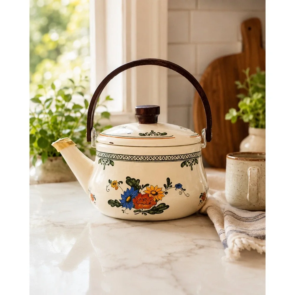 Vintage‎ Enamel Tea Kettle Floral Folk Art Pattern Cream Made in Taiwan ROC